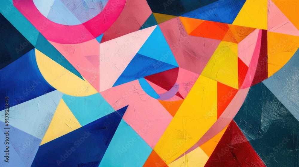 Poster colorful geometric shapes interact dynamically, creating a bold and modern abstract piece filled wit