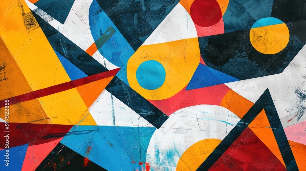 Poster Colorful geometric shapes intertwine, creating a striking array of patterns and tones that energize the visual landscape, captivating the viewer's attention