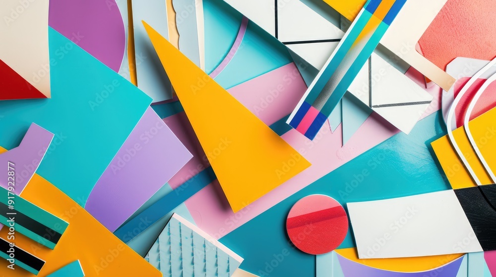 Aufkleber an explosive arrangement of colorful geometric shapes layered artfully, creating a lively compositio