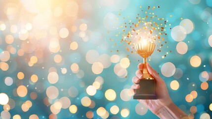 Award acceptance speech, emotional winner, formal event, elegant backdrop, soft ambient lighting, close-up shot, vibrant colors, significant achievement