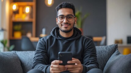 A relaxed individual sits comfortably, engaging with his smartphone while smiling warmly