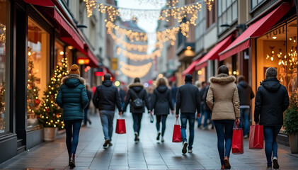 Obraz premium Holiday Shopping: Festive City Street with Christmas Lights and Shoppers