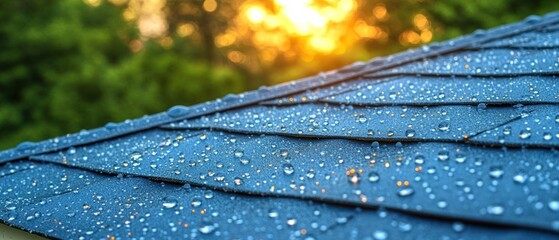 Raindrops sparkle on a blue roof, capturing the beauty of the sunset through the trees