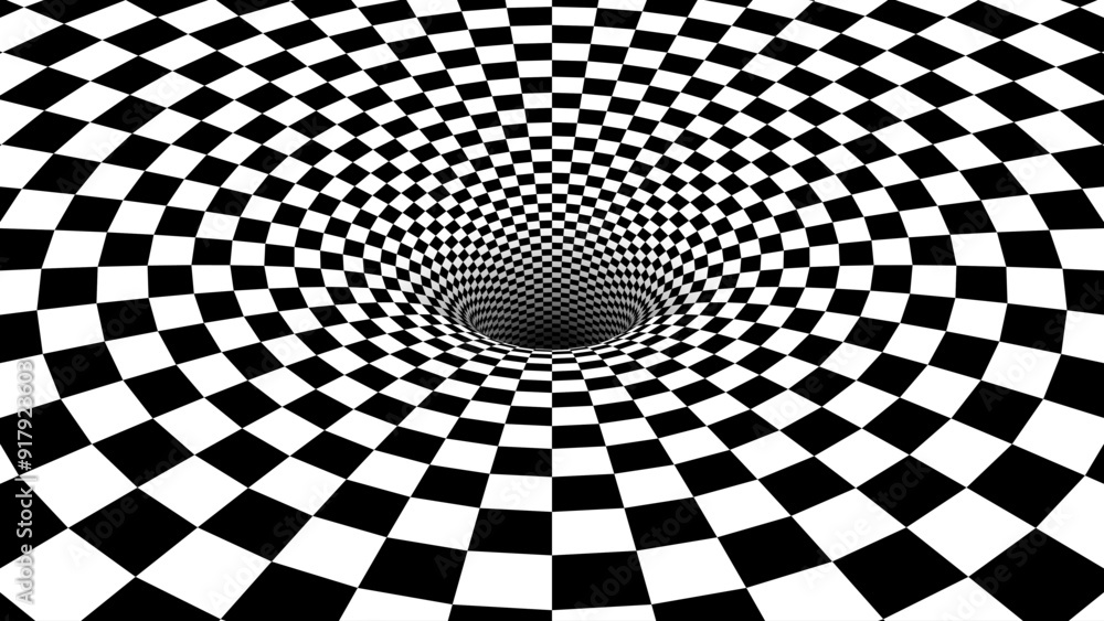 Poster Abstract Black and White Optical Illusion Chess Pattern with Tunnel. Contrasty Optical Art Gravity Vortex. Smooth Checkered Tunnel and Chessboard in Perspective. Vector Illustration.