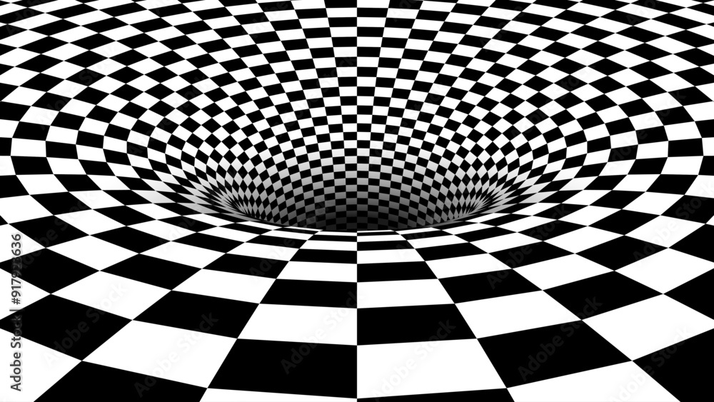 Aufkleber Abstract Black and White Optical Illusion Chess Pattern with Tunnel. Contrasty Optical Art Gravity Vortex. Smooth Checkered Tunnel and Chessboard in Perspective. Vector Illustration.