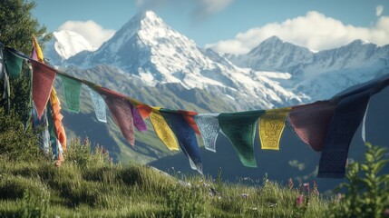 Colorful Prayer Flags Against Majestic Mountain