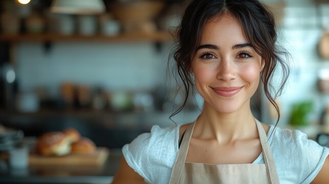 A smiling woman in an apron greets customers warmly in her bustling café filled with delicious aromas