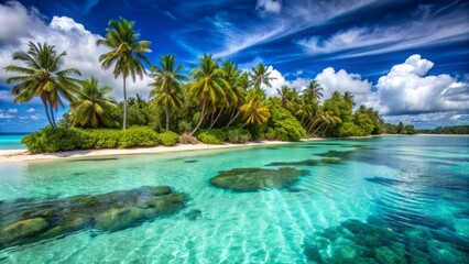 Turquoise lagoon waters lap against the white sandy shores of a picturesque island, surrounded by lush palm trees and coral reefs in the South Pacific.