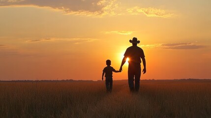 A loving father and son stroll together, basking in the warmth of a stunning sunset