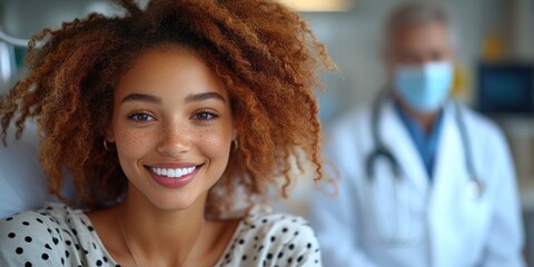 A young woman beams with joy while interacting with a doctor in a healthcare environment