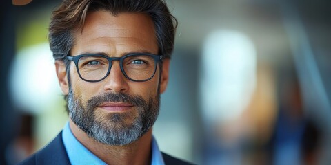 A professional man with glasses exudes confidence while smiling in a bright office space