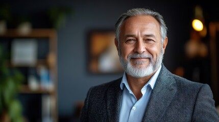 An older man in a blazer exudes confidence and warmth in a stylish, softly lit room