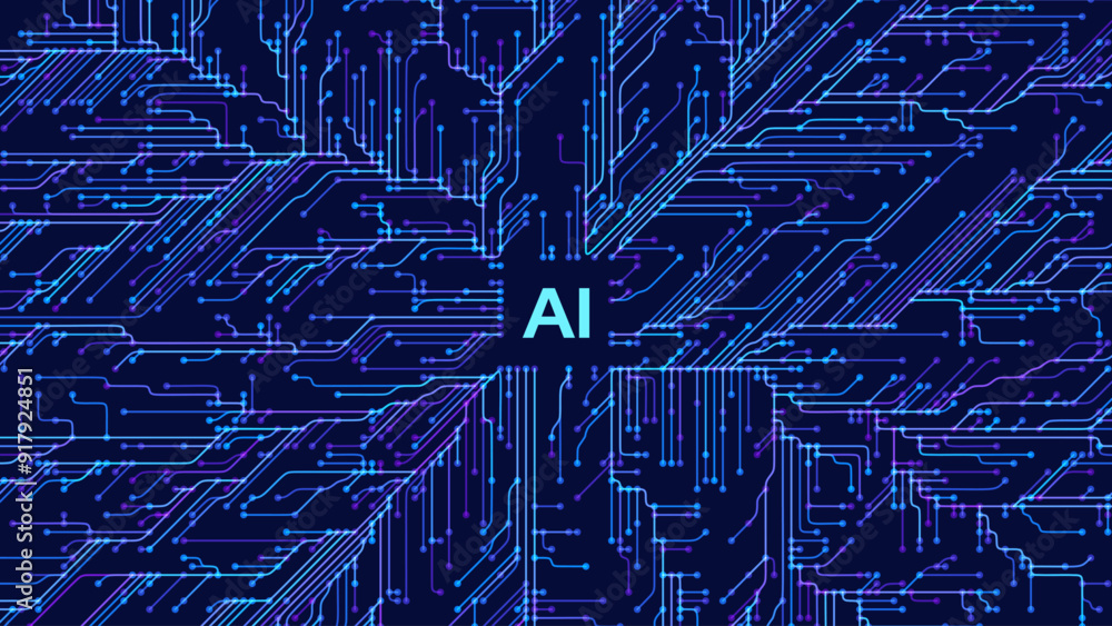 Poster Abstract AI Digital Circuit Board Tech Background. Technology Connected Blue Lines Electronics Elements BG. Computer Motherboard Processor Chip. Neural Network Concept. Vector Illustration.
