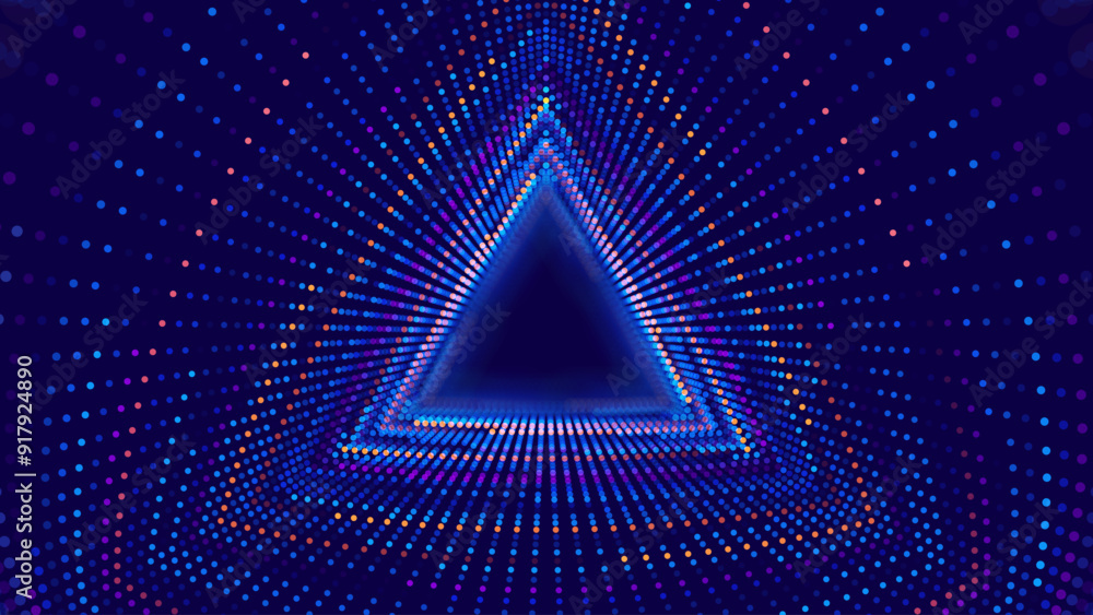Poster Triangle Frame Border Blue Lights DJ Party Flyer Background. Triangle Tunnel Big Data Backdrop Data Flow Particles Moving with Trails. Vector Illustration.