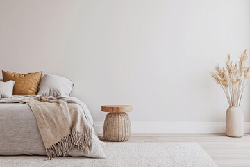 Japandi room interior design composition with oriental arrangements and warm tones. Zen inspired interiors with copyspace.