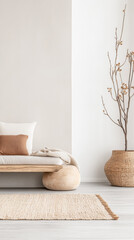 Japandi room interior design composition with oriental arrangements and warm tones. Zen inspired interiors with copyspace.