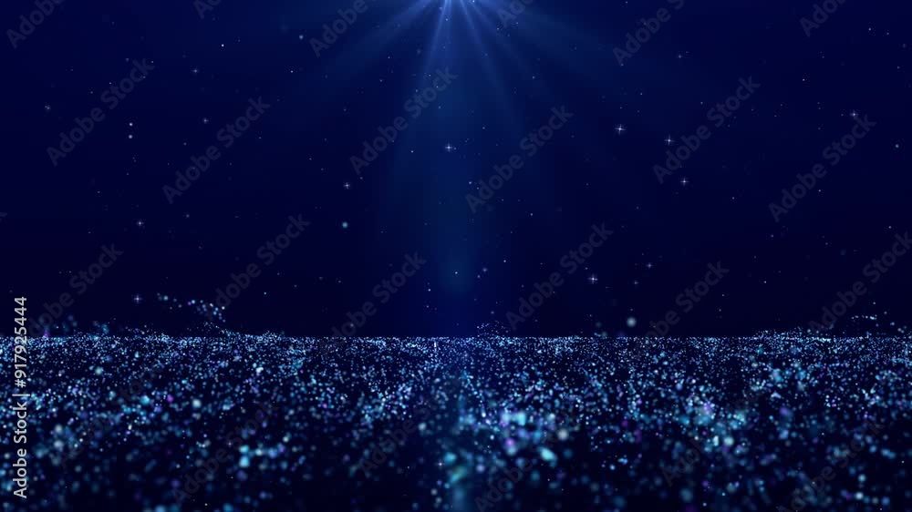Poster digital particle flow glows scattered across a dark blue surface, ideal for backgrounds and creative