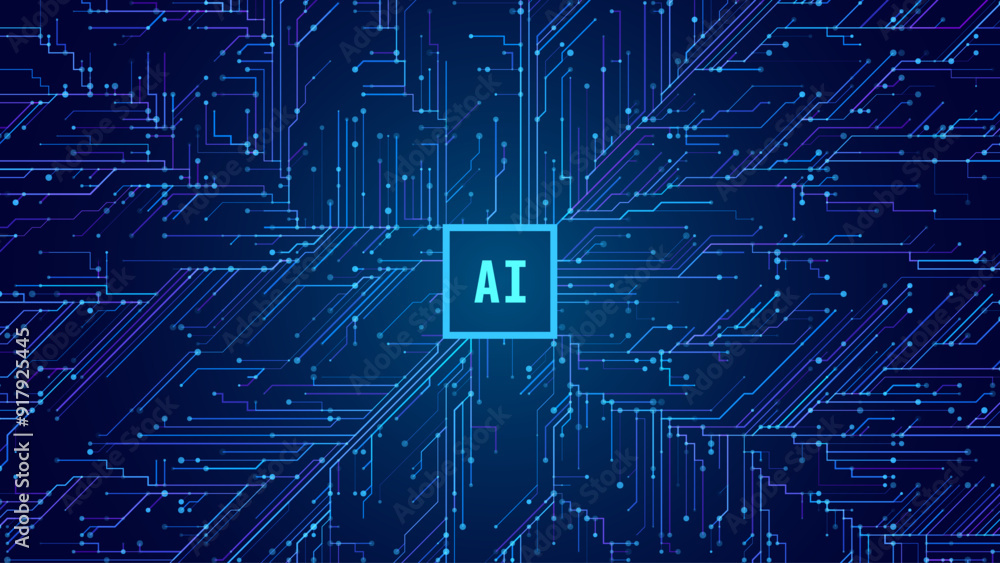 Poster Abstract AI Digital Circuit Board Tech Background. Technology Connected Blue Lines Electronics Elements BG. Computer Motherboard Processor Chip. Neural Network Concept. Vector Illustration.