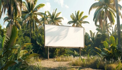 Blank Billboard in Tropical Outdoor Setting Surrounded by Palm Trees, Copy Space, Mockup