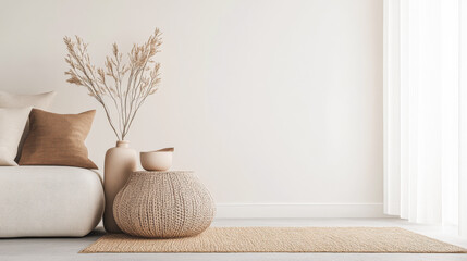 Japandi room interior design composition with oriental arrangements and warm tones. Zen inspired interiors with copyspace.