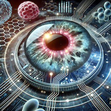 Futuristic 3D Visualization of a Glowing Eye with Digital Circuits and Molecular Structures