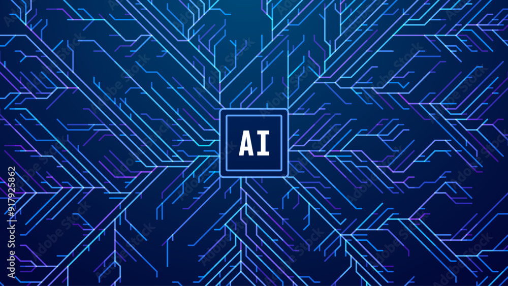 Fototapete Abstract AI Digital Circuit Board Tech Background. Technology Connected Blue Lines Electronics Elements BG. Computer Motherboard Processor Chip. Neural Network Concept. Vector Illustration.