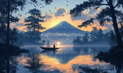 Majestic Mount Fuji Silhouette: Serene Seascape in Anime-Style Digital Illustration. Winter Wonderland Meets Cultural Icon for Creative Marketing, Book Illustrations, and Festive 4K Wallpaper. AI-Gene