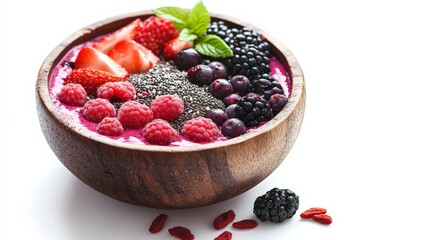 Delicious and healthy acai bowl topped with fresh strawberries, raspberries, blackberries, blueberries, chia seeds, and mint leaves.