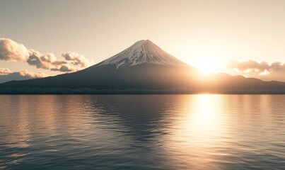 Majestic Mount Fuji Silhouette: Serene Seascape in Anime-Style Digital Illustration. Winter Wonderland Meets Cultural Icon for Creative Marketing, Book Illustrations, and Festive 4K Wallpaper. AI-Gene