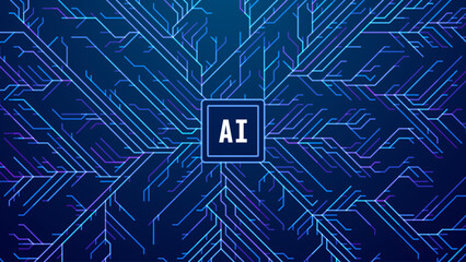 Abstract AI Digital Circuit Board Tech Background. Technology Connected Blue Lines Electronics Elements BG. Computer Motherboard Processor Chip. Neural Network Concept. Vector Illustration.