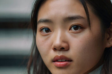 Close-up Portrait of a Young Asian Woman with a Surprised and Trepidatious Expression.一位年轻亚洲女性的特写，带着惊讶和恐惧的表情