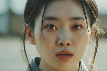 Close-up Portrait of a Young Asian Woman with a Surprised and Trepidatious Expression.一位年轻亚洲女性的特写，带着惊讶和恐惧的表情