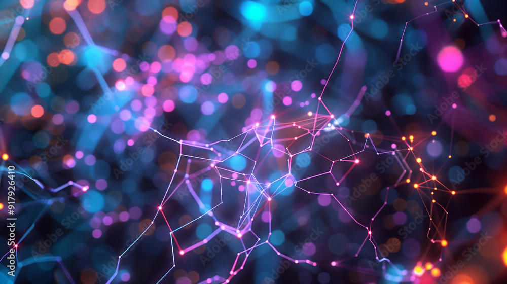 Poster artificial intelligence neural network, with interconnected nodes and neural pathways glowing in bri