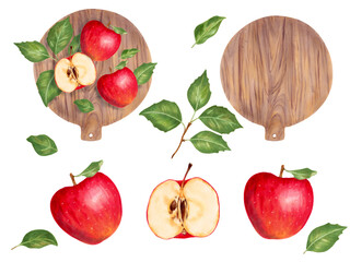 Red apples with wooden round cutting board. Watercolor illustration. Set of whole and sliced ​​fruits with leaves and kitchen utensils. Hand drawn isolated clipart. For packing cream, jam, juice