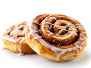 Freshly Baked Cinnamon Rolls with Creamy Icing on White Backdrop for Cozy Breakfast or Dessert