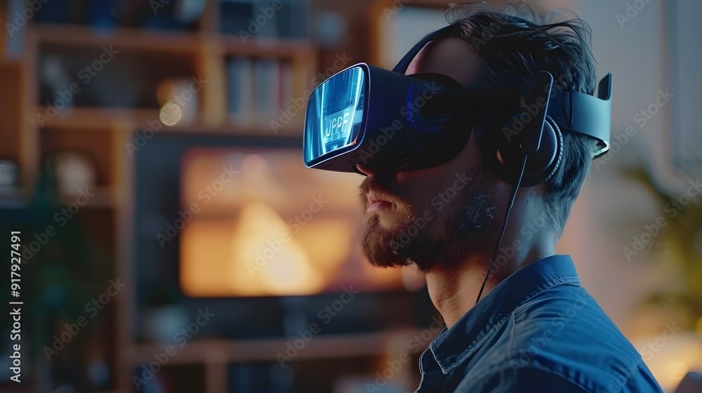 Poster professional man using vr headset for virtual remote work with interactive collaborative tools