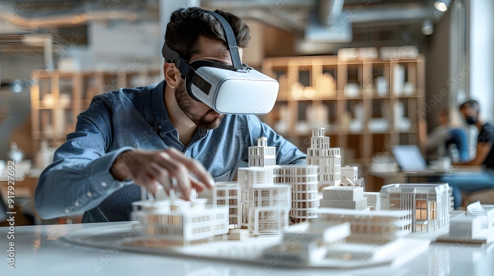 Poster professional using virtual reality headset for architecture visualization and building model interac