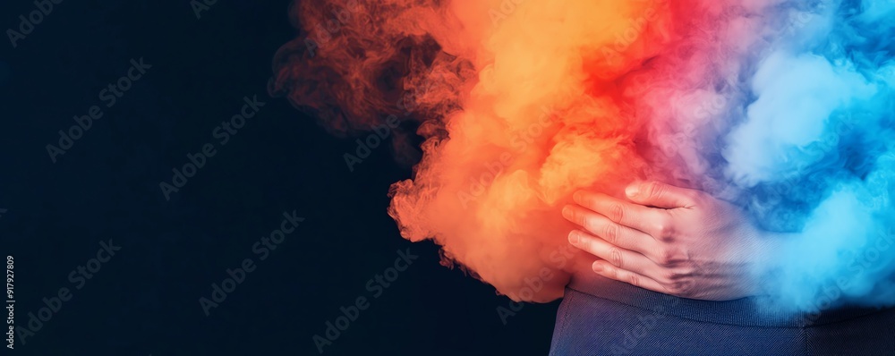 Poster a vibrant explosion of colored smoke envelops a figure, creating a dynamic and artistic atmosphere w