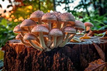 Fototapeta premium Mushrooms Growing On A Decaying Tree Stump, Captured At Dawn With Dewdrops Delicately Clinging To Their Caps.