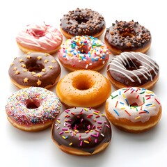 Assortment of Delicious Doughnuts with Various Glazes and Sprinkles on White Background