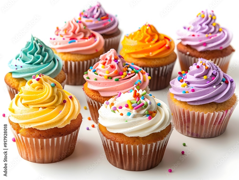 Poster assorted colorful cupcakes with frosting and sprinkles on white background
