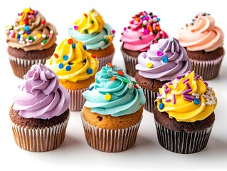 Assortment of Colorful Cupcakes with Whimsical Frosting and Sprinkles on White Background