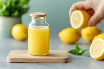 Fototapeta premium Fresh lemon juice in a glass jar, surrounded by ripe lemons and mint, perfect for refreshing drinks or culinary uses.