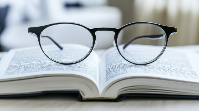 Close-up of reading glasses on open book