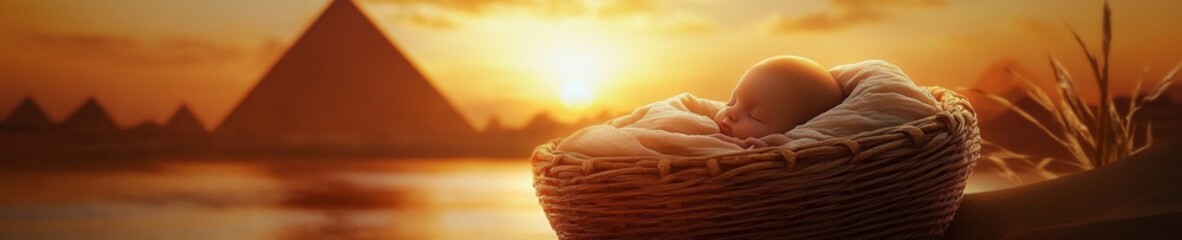 Serene Moses in a Basket Afloat on the Nile at Sunset, with the Egyptian Pyramids in the Background - A Scene of Tranquility Nurtured by the River.