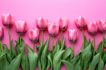 Obraz premium Pink Tulips on a Pink Background