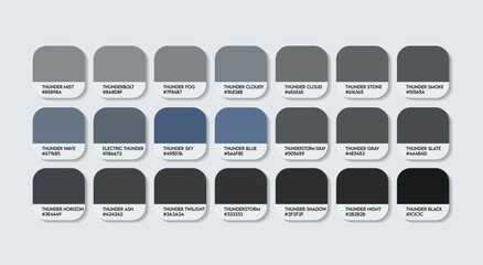 Thunder Color Palette, Thunder Gray Color Guide Palette with Color Names. Catalog Samples of Dark Gray colors with RGB HEX codes. cladding sheet ash colors, Fashion Trend Black Color Palette