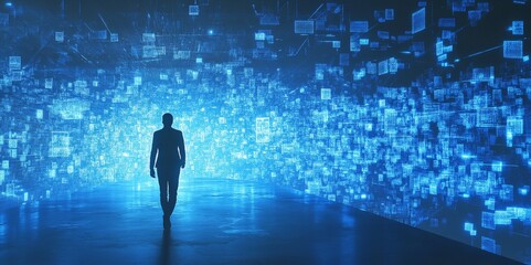 Innovative AI Concept Art: A Silhouette Walks Through the Knowledge Graph, Integrating AI with Text Classification and Sentiment Analysis in a High-Tech Blue Light Ambiance.