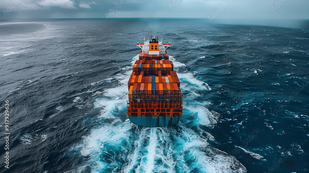 Wall mural back view of a large container cargo carrier ship is traveling in calm waters of ocean on the blue s