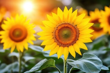 Fototapeta premium Bright sunflowers basking in golden sunlight